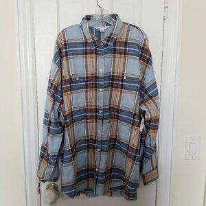 Old Navy Women' The Boyfriend Shirt XXL Cotton Flannel LS Tunic Light Blue Plaid